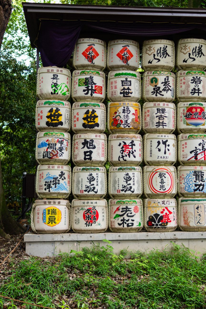 Artisan wooden barrels inside Japanese brewery