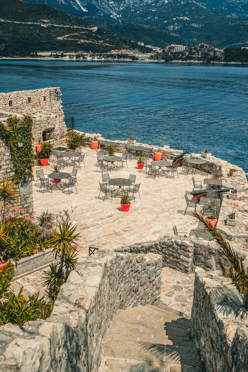 Stone terrace overlooking calm Mediterranean sea